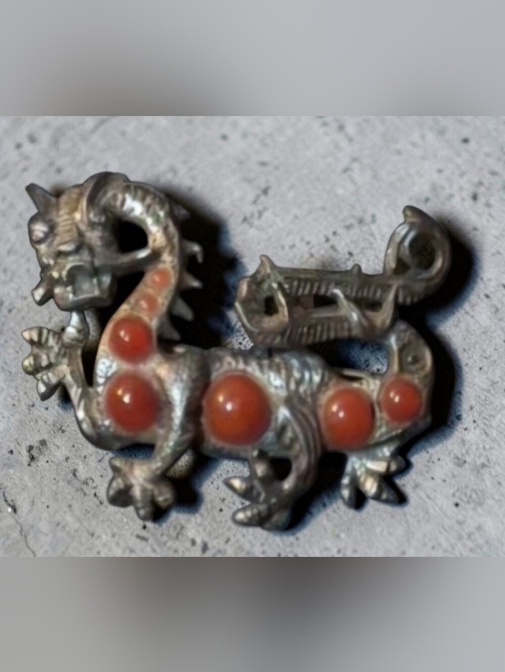 Vintage Silver Tone Dragon Brooch With Coral Cabochons
